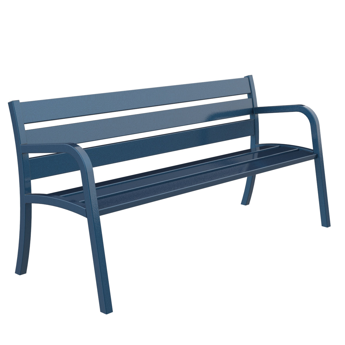 Blaue schlichte und günstige Metallbank für die Stadt