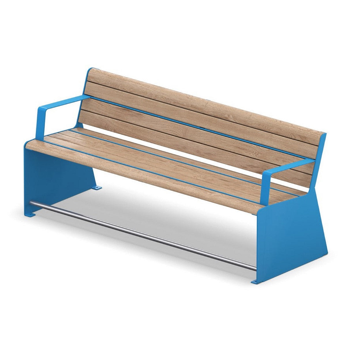 Parkbank für Senioren mit Armlehne und Fußstange in blau