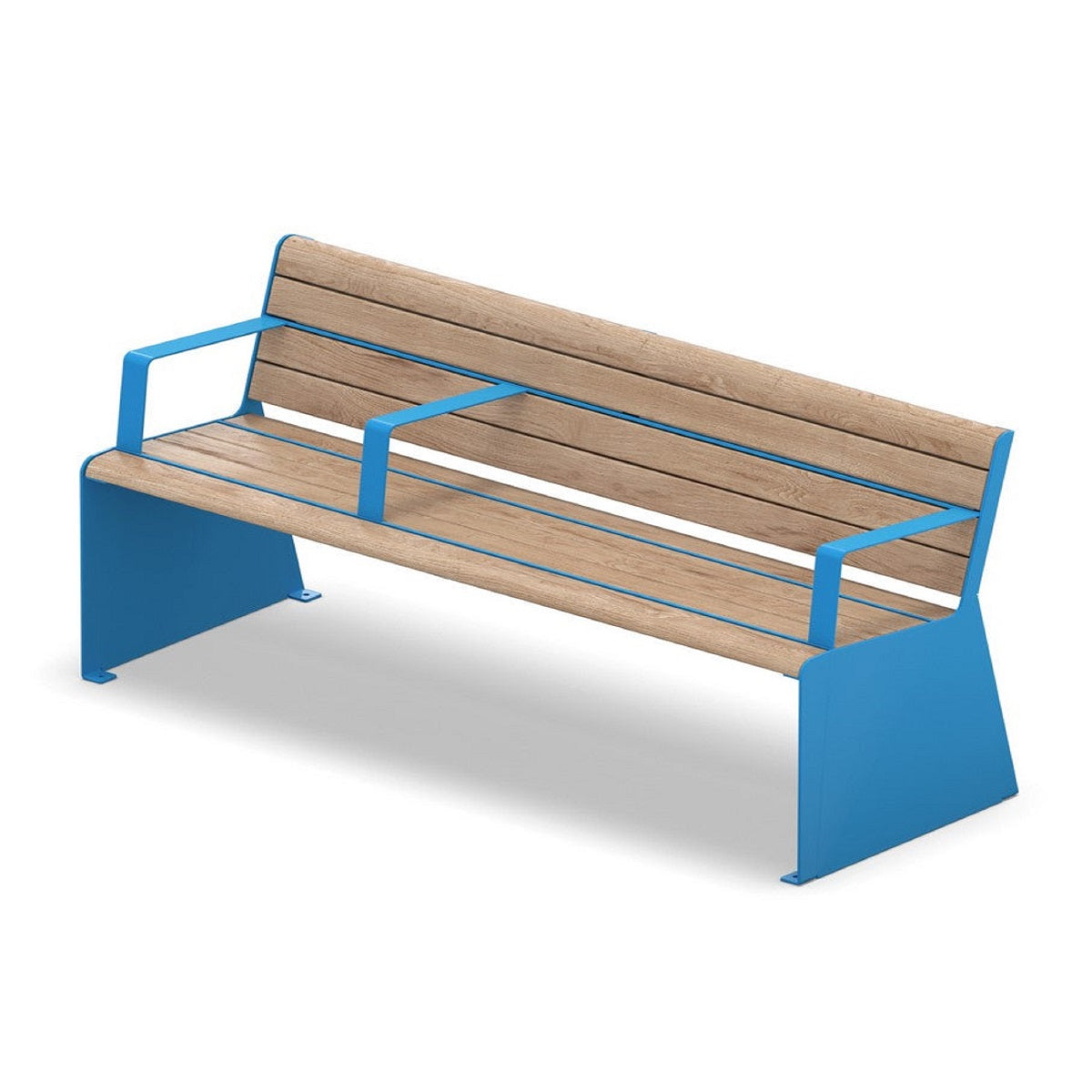 Parkbank für Senioren in blau mit Rückenlehne und Armlehne aus Holz mit Metallgestell