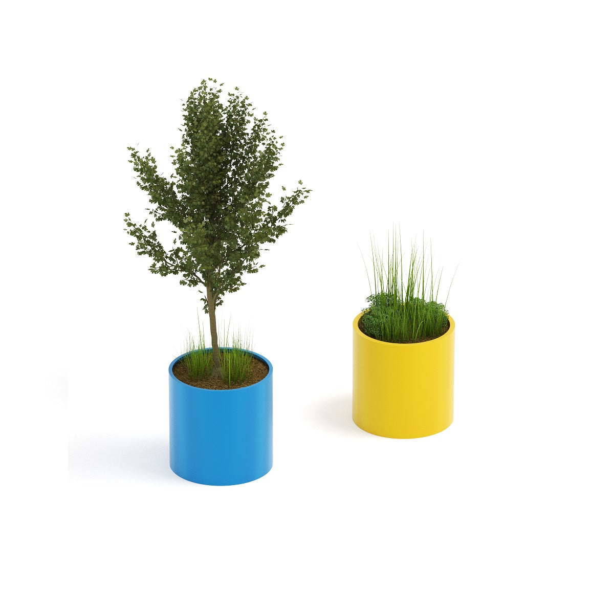 Runder großer Pflanzkübel in Gelb und Blau für Innenstädte