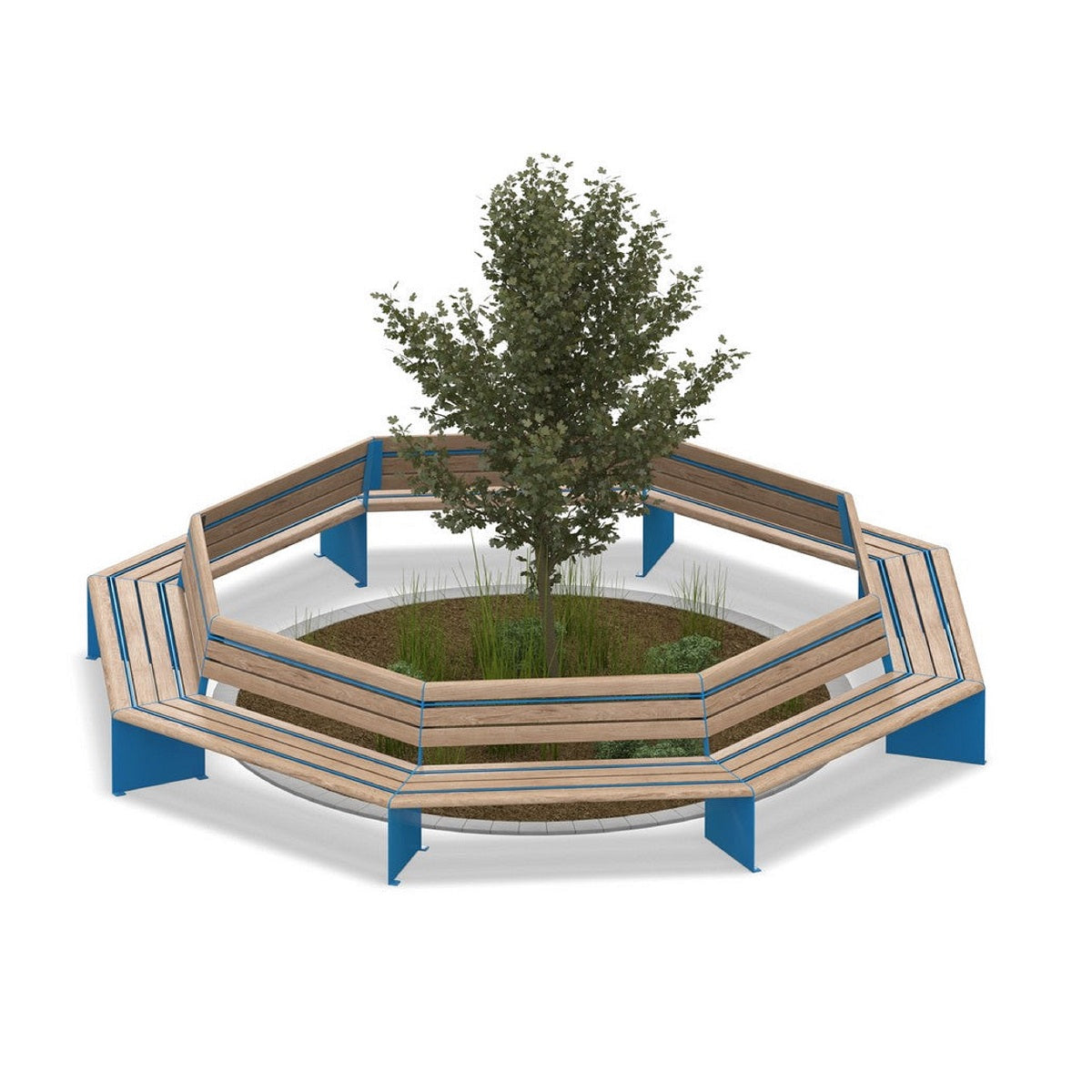 Blaue Oktagon Bank mit Rückenlehne um einen Baum herum für Städte