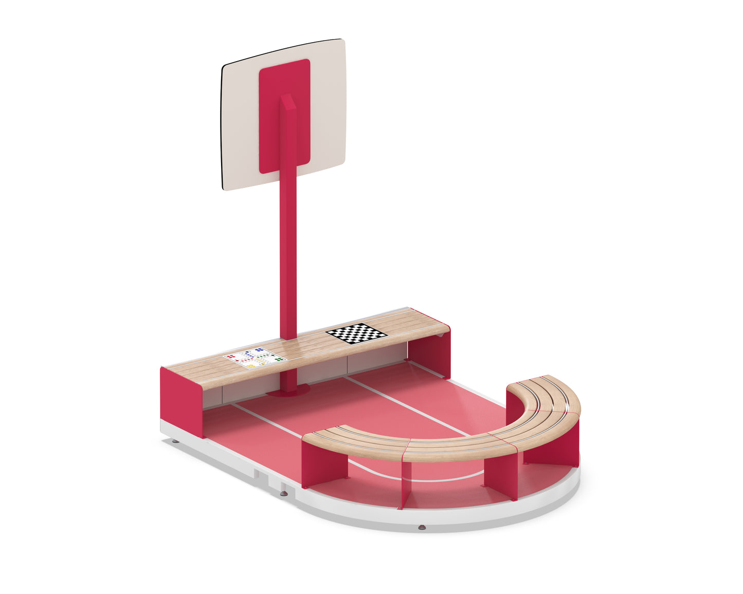 Eine Kombination von Basketballkorb, Fußballfeld, Sitzfläche und Brettspiel.