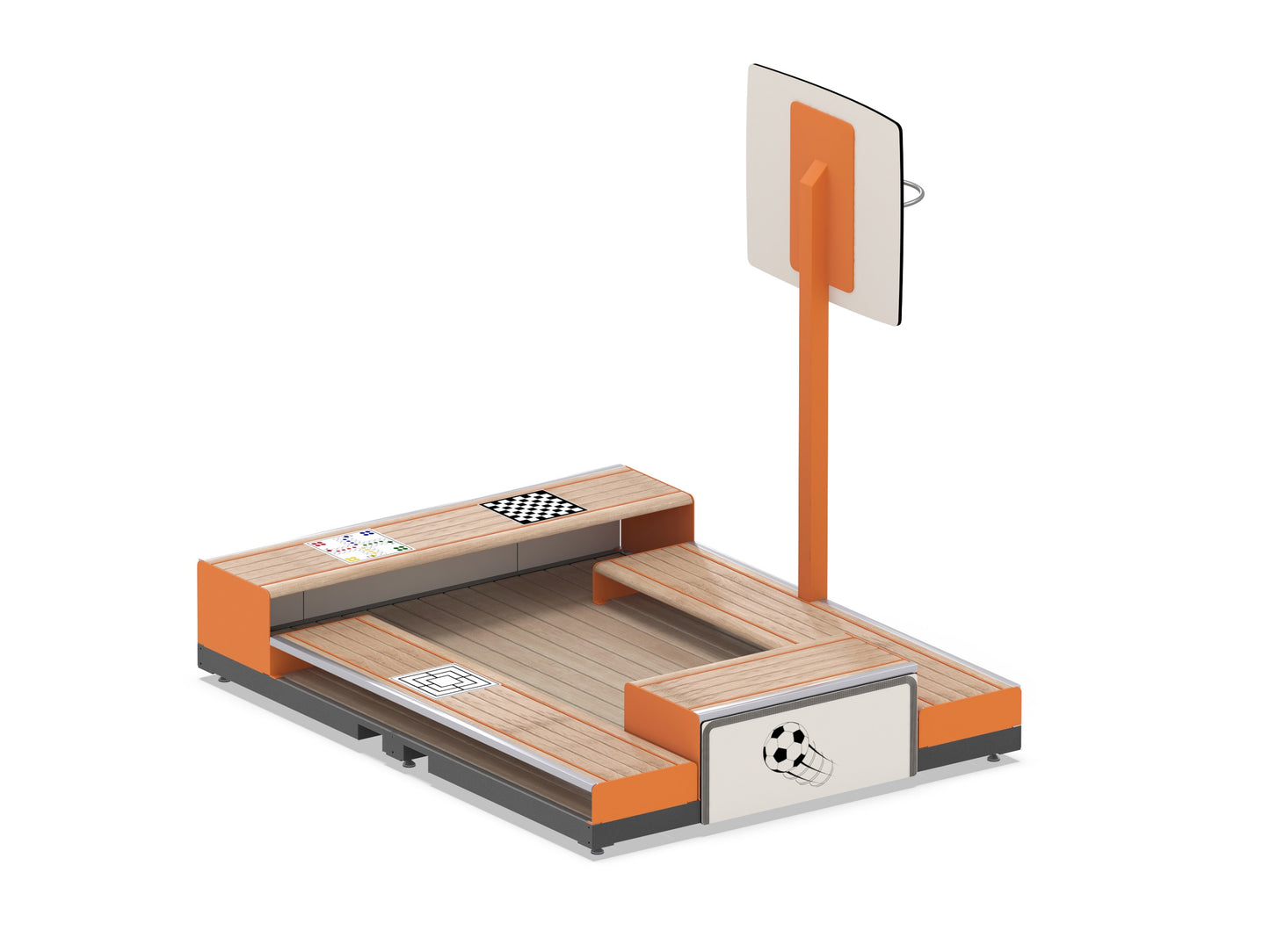 Eine Kombination aus Basketballkorb, Fußballtor und Sitzfläche - ideal für Jugendliche