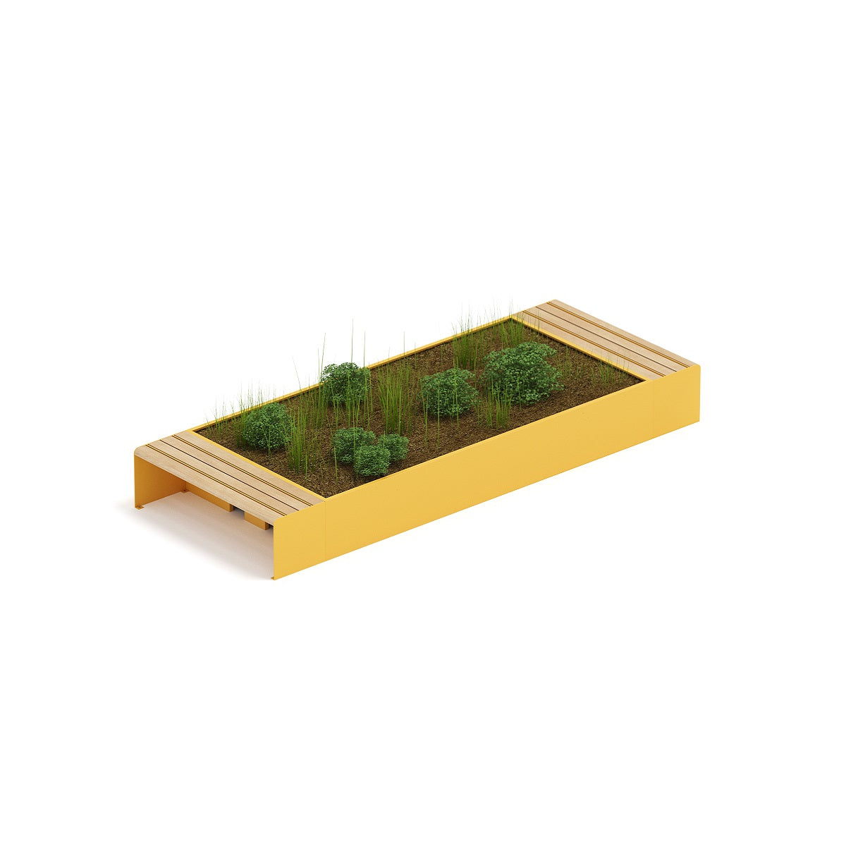 Langes Pflanzbeet mit Bänken ohne Lehnen in gelb für Innenstädte