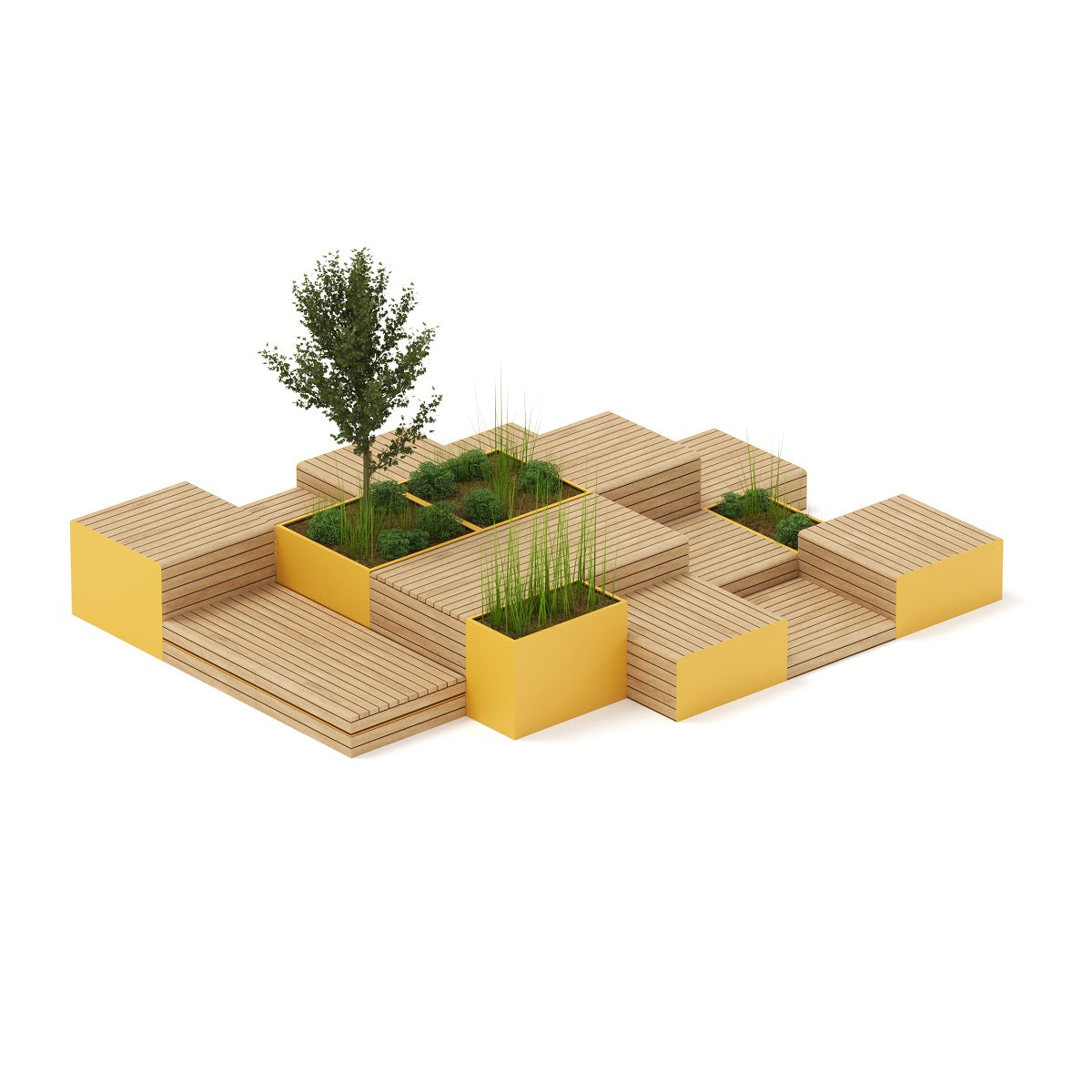 Große und moderne Sitzfläche mit integrierten Pflanzen für Innenstädte in gelb