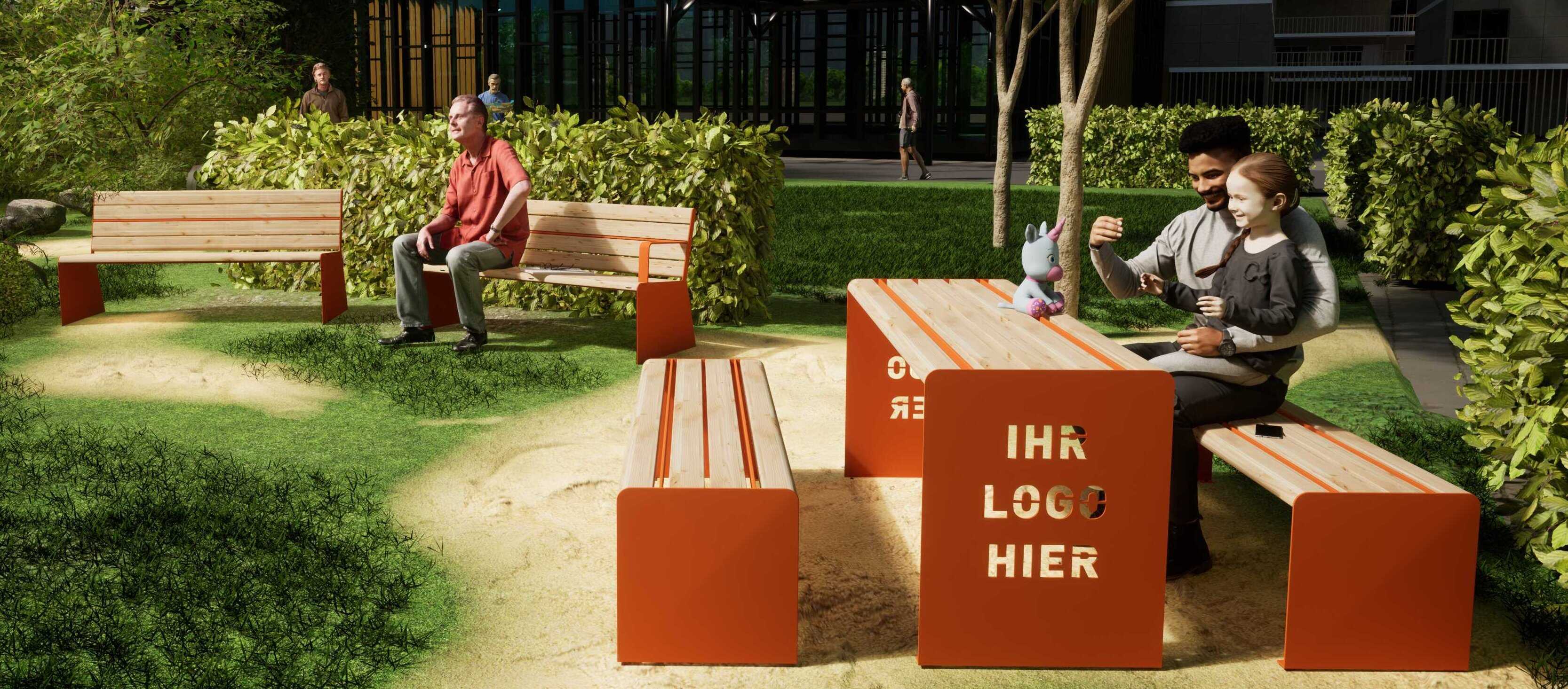 Parkbänke mit integriertem Logo in einem Park mit Menschen