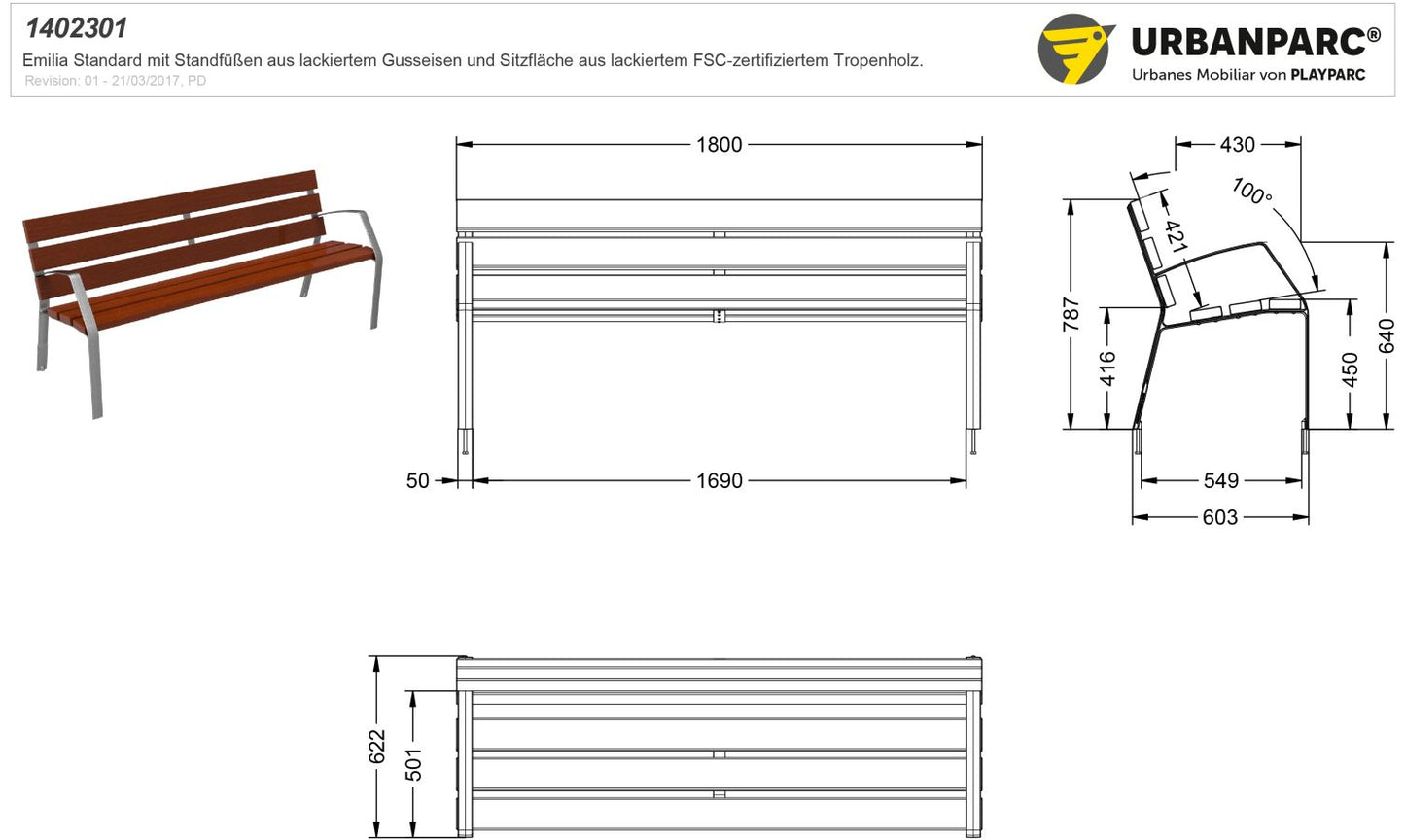 Produktzeichnung und Maße der klassischen Parkbank Emilia Standard