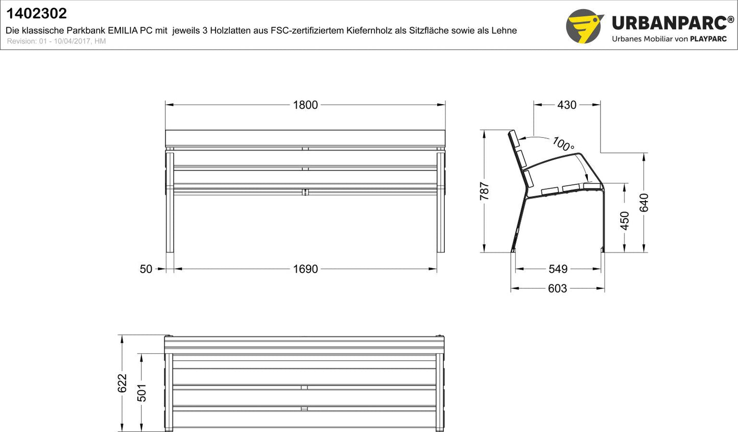 Produktzeichnung und Maße der Parkbank Emilia PC