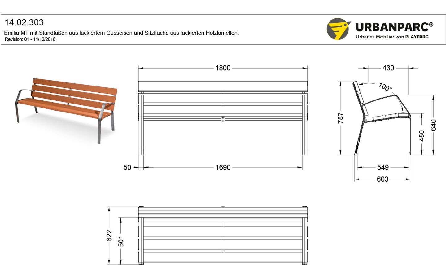 Produktzeichnung von Emilia-MT einer Holzbank