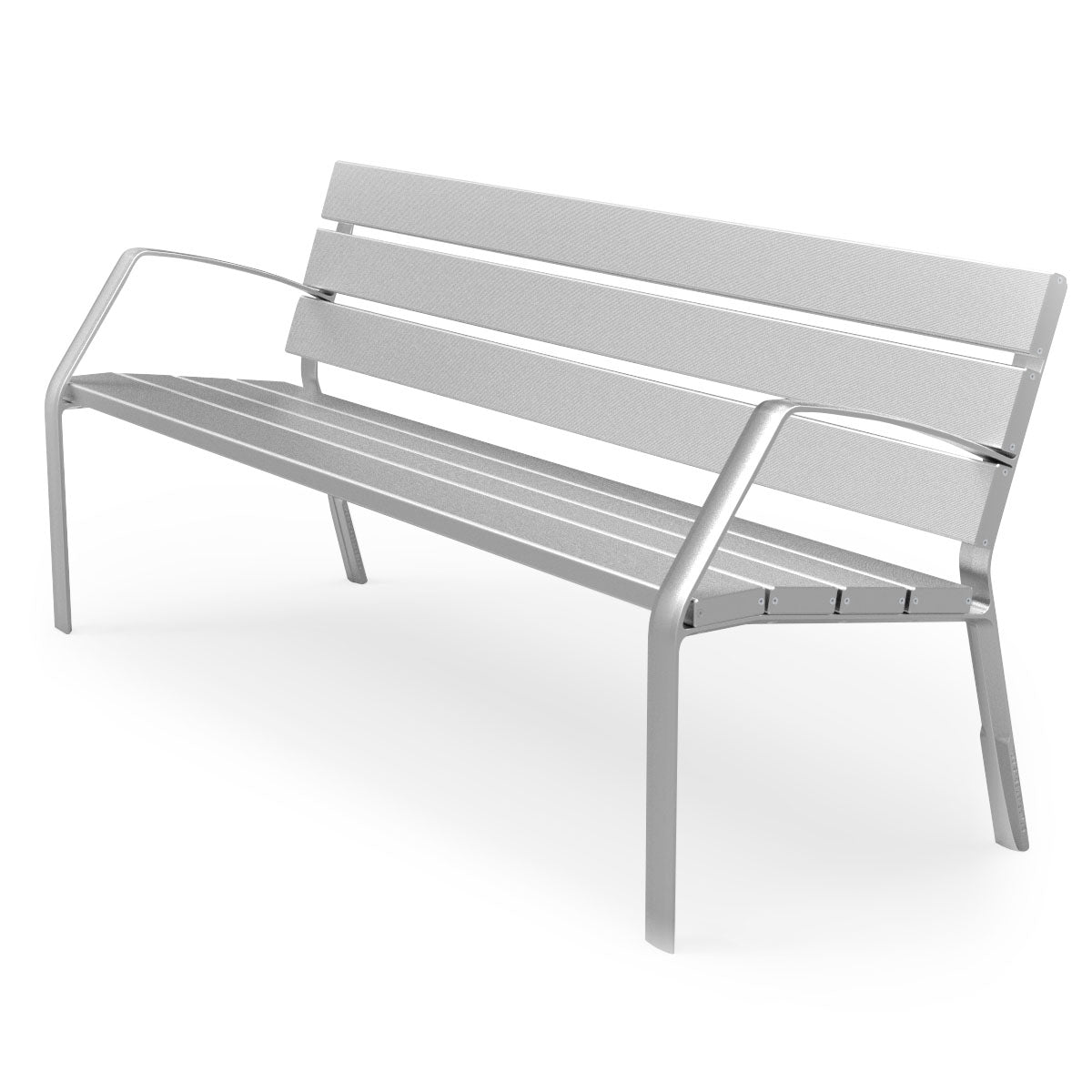 Klassische silberne Parkbank aus Metall mit Armlehnen