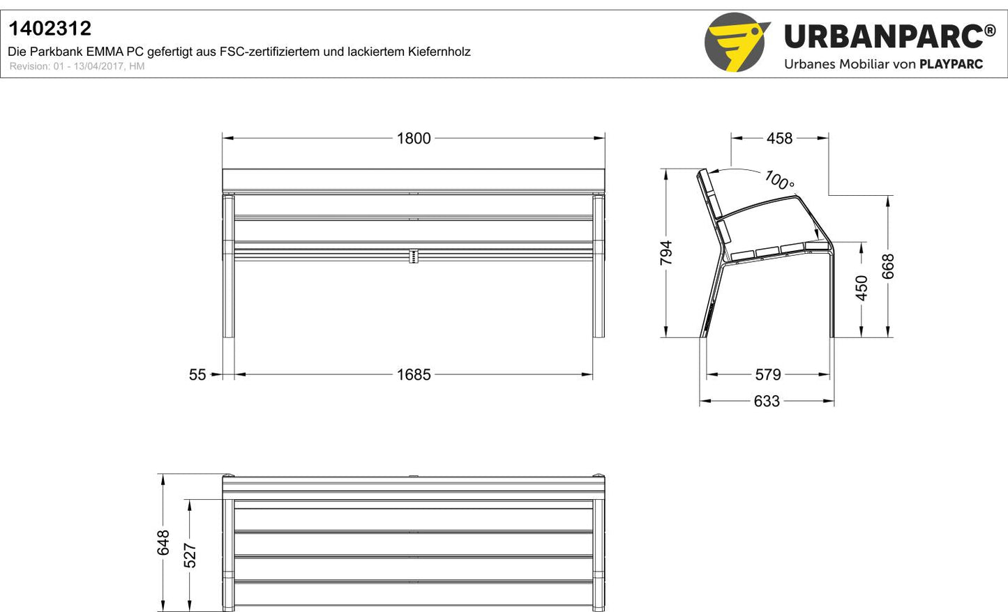 Produktzeichnung und Maße der Parkbank Emma PC