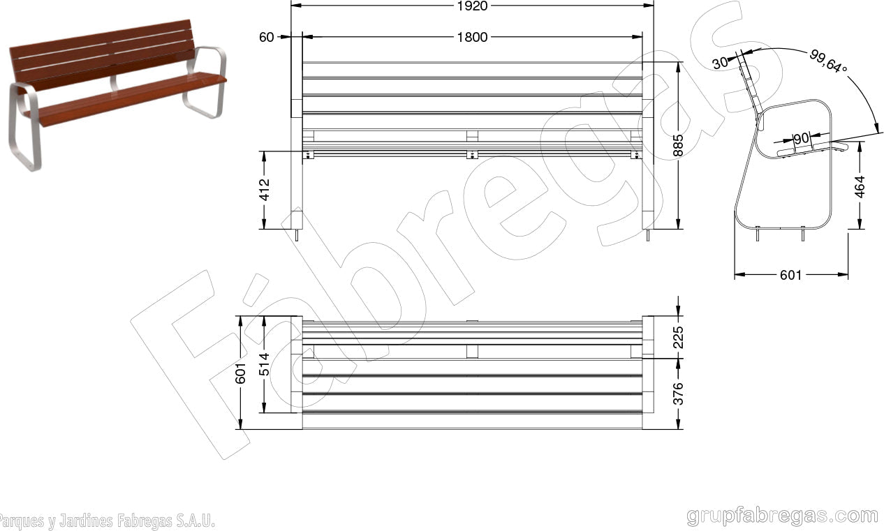 Produktzeichnung und Maße der Parkbank Ella Standard