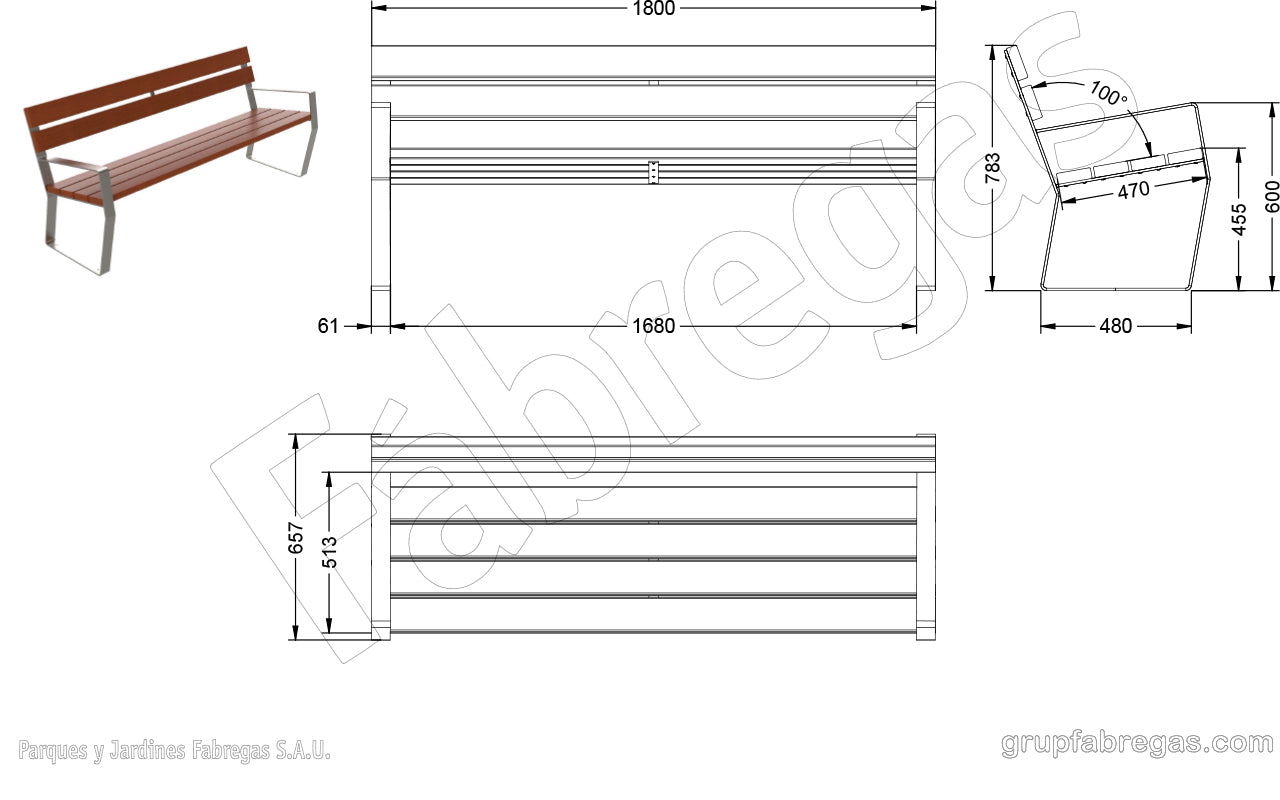 Produktzeichnung und Maße der Parkbank Ella Port
