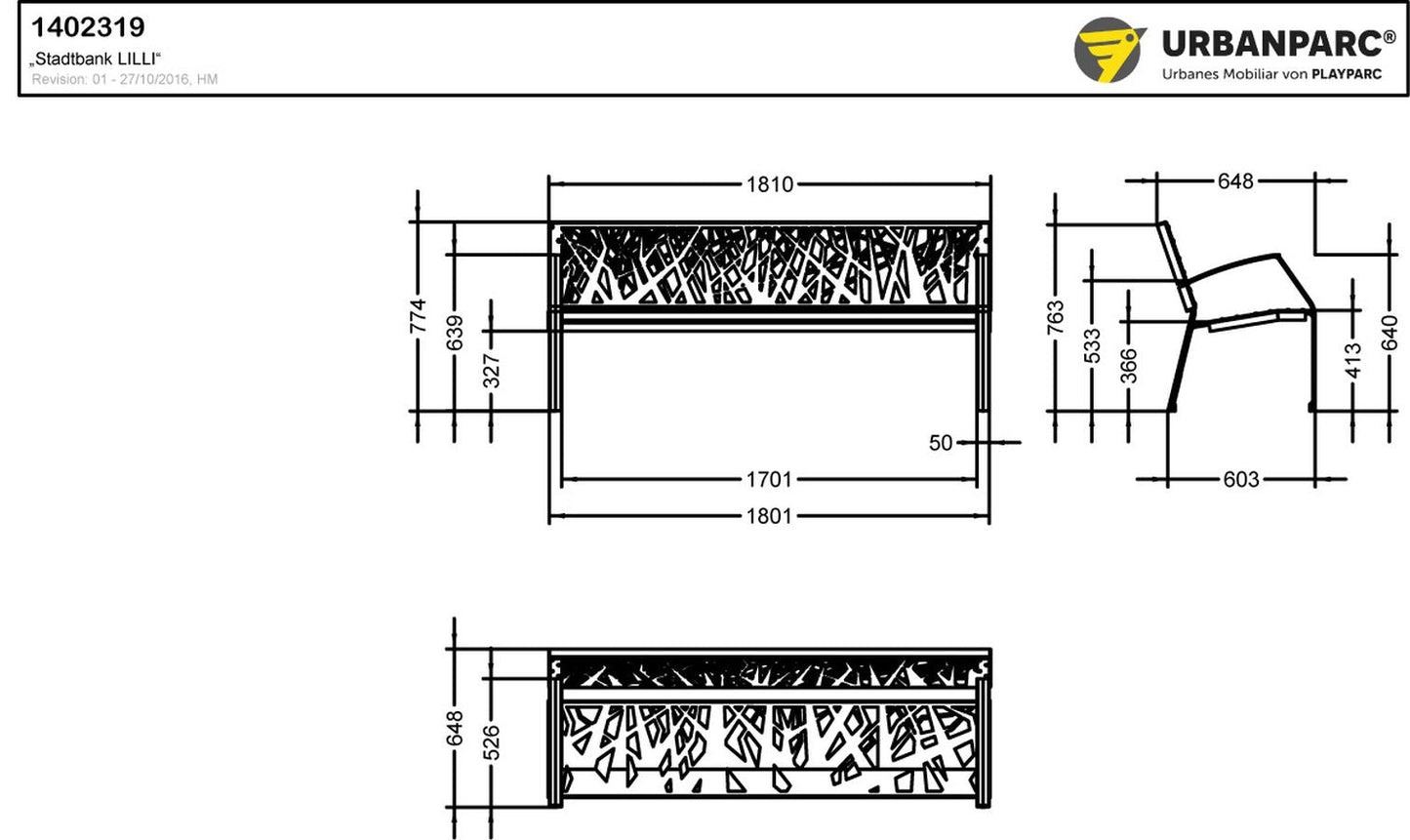 Zeichnung und Maße von der Metallbank Lilli von Urbanparc
