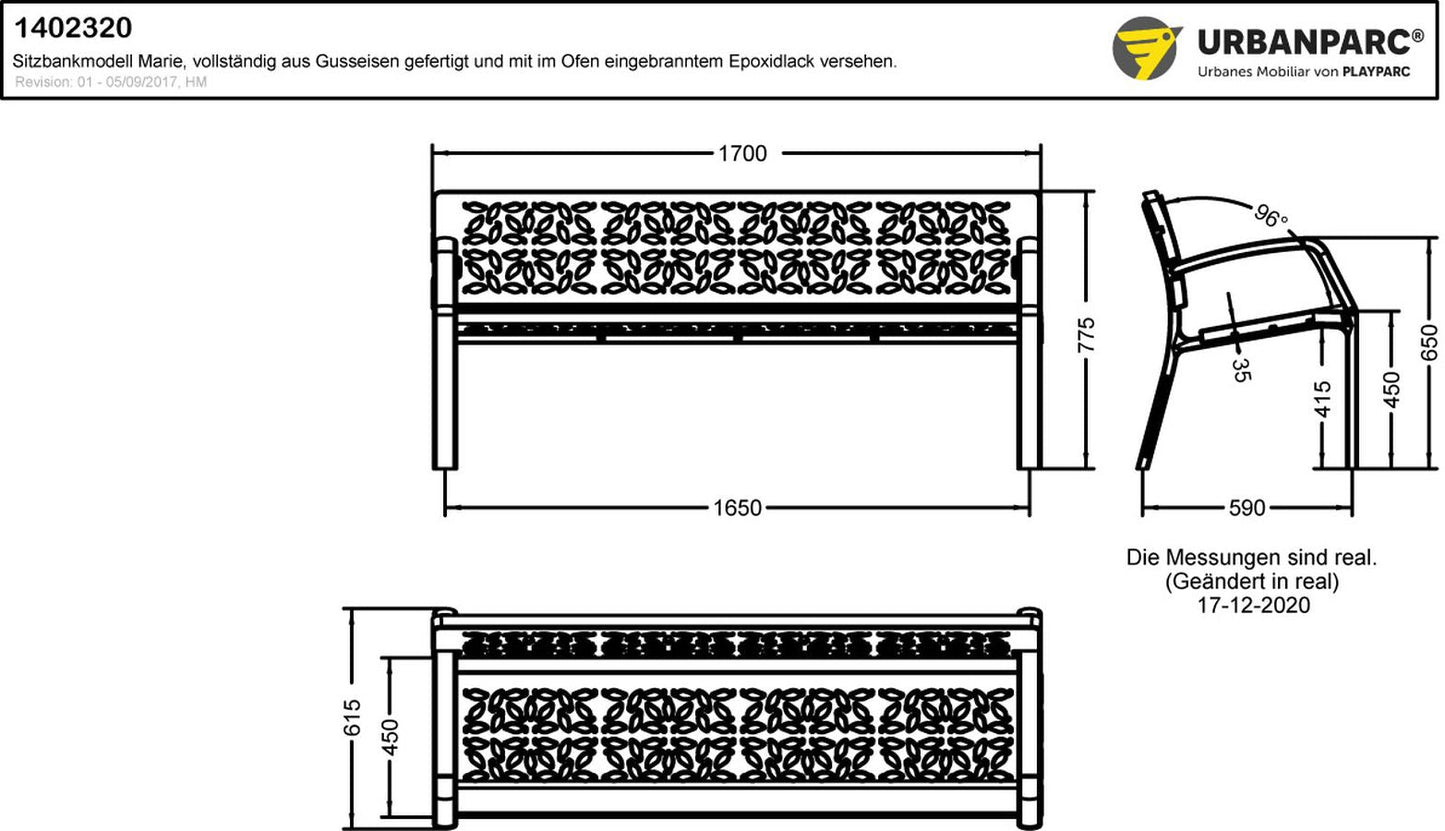Zeichnung und Maße für die Metallbank Marie von Urbanparc
