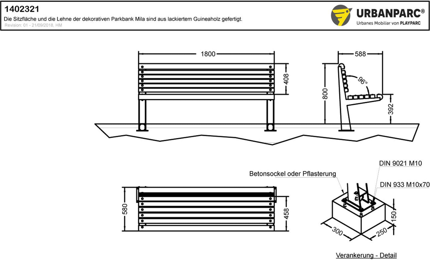 Produktzeichnung und Maße Mila Standard