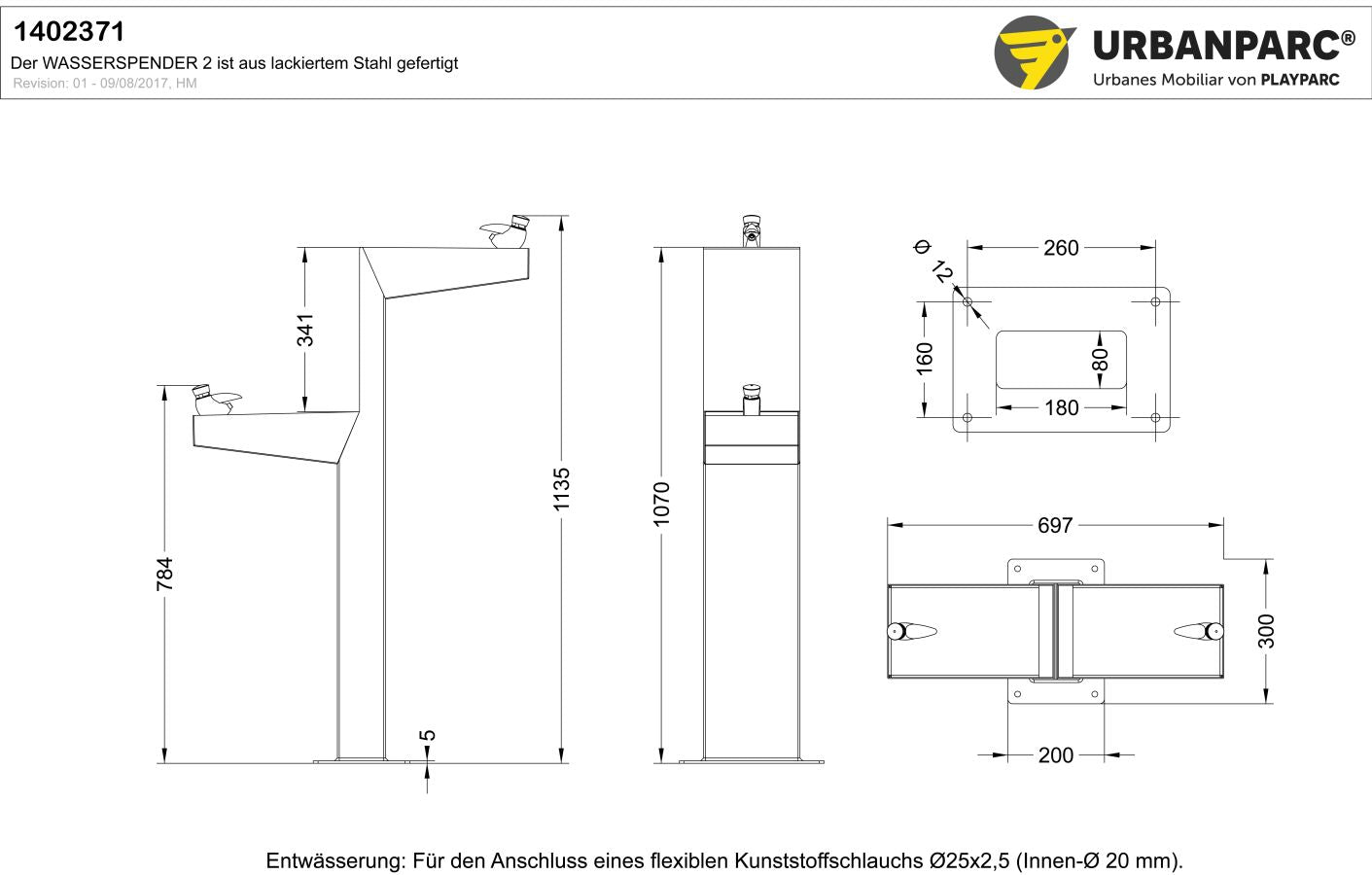 Zeichnung und Maße von Wasserspender 2