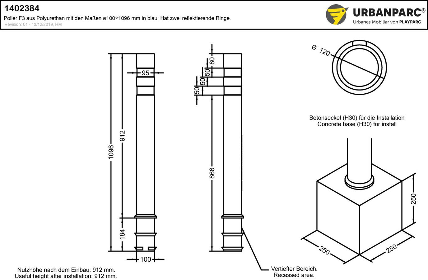 Produktzeichnung von Poller F3