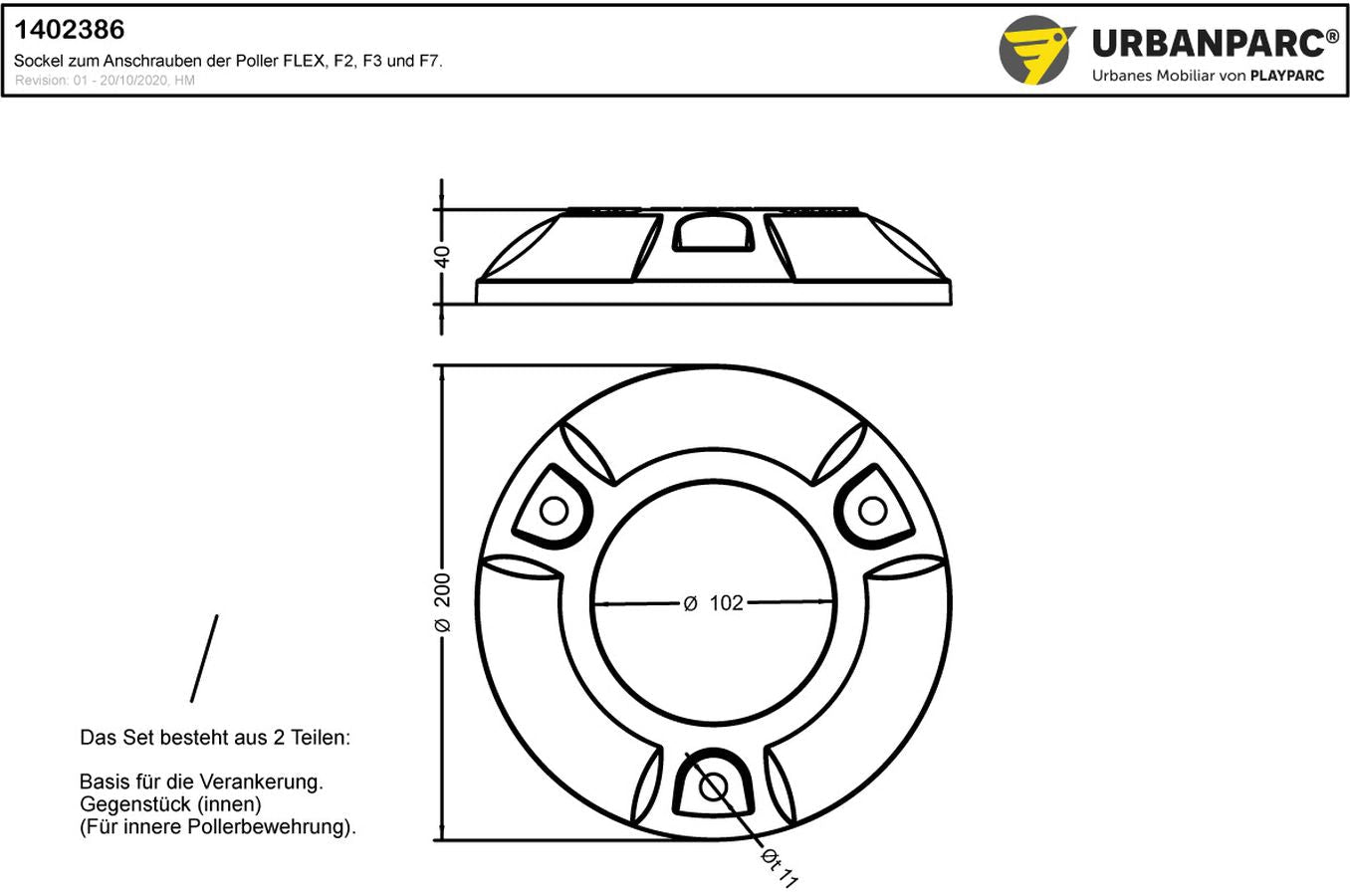 Produktmaße und Zeichnung des Sockels für Poller