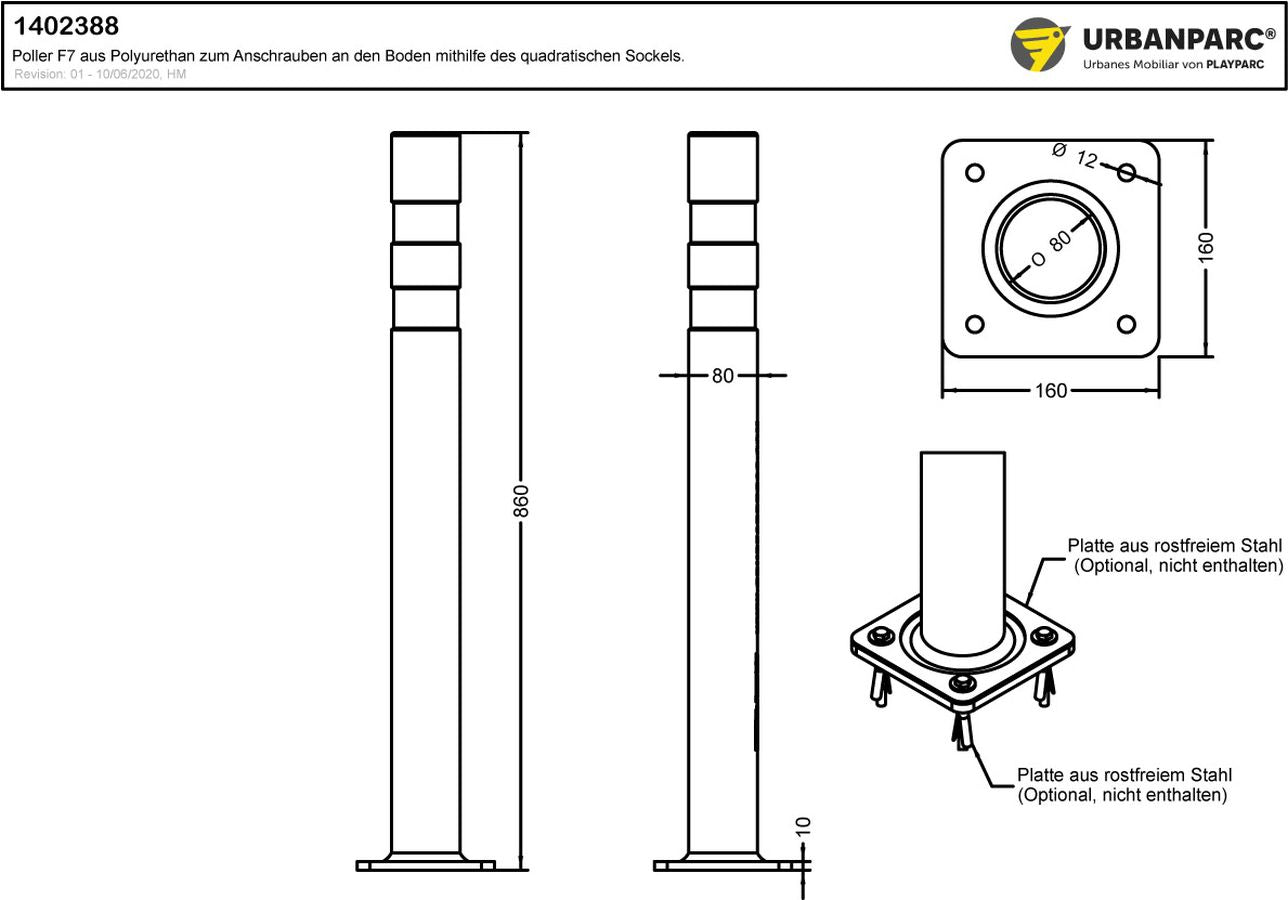 Produktzeichnung und Maße von Poller F7