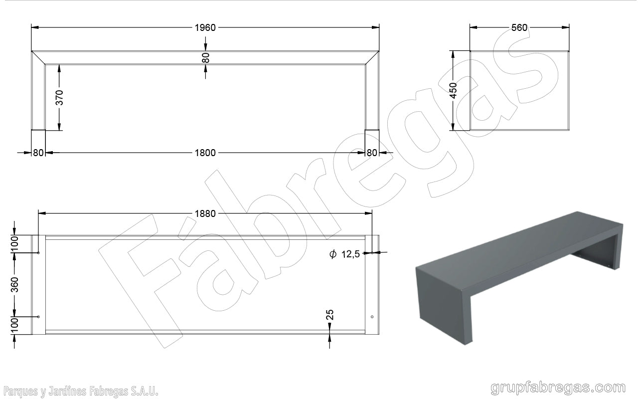 Zeichnung und Maße von der Metallbank Frieda Gris von Urbanparc