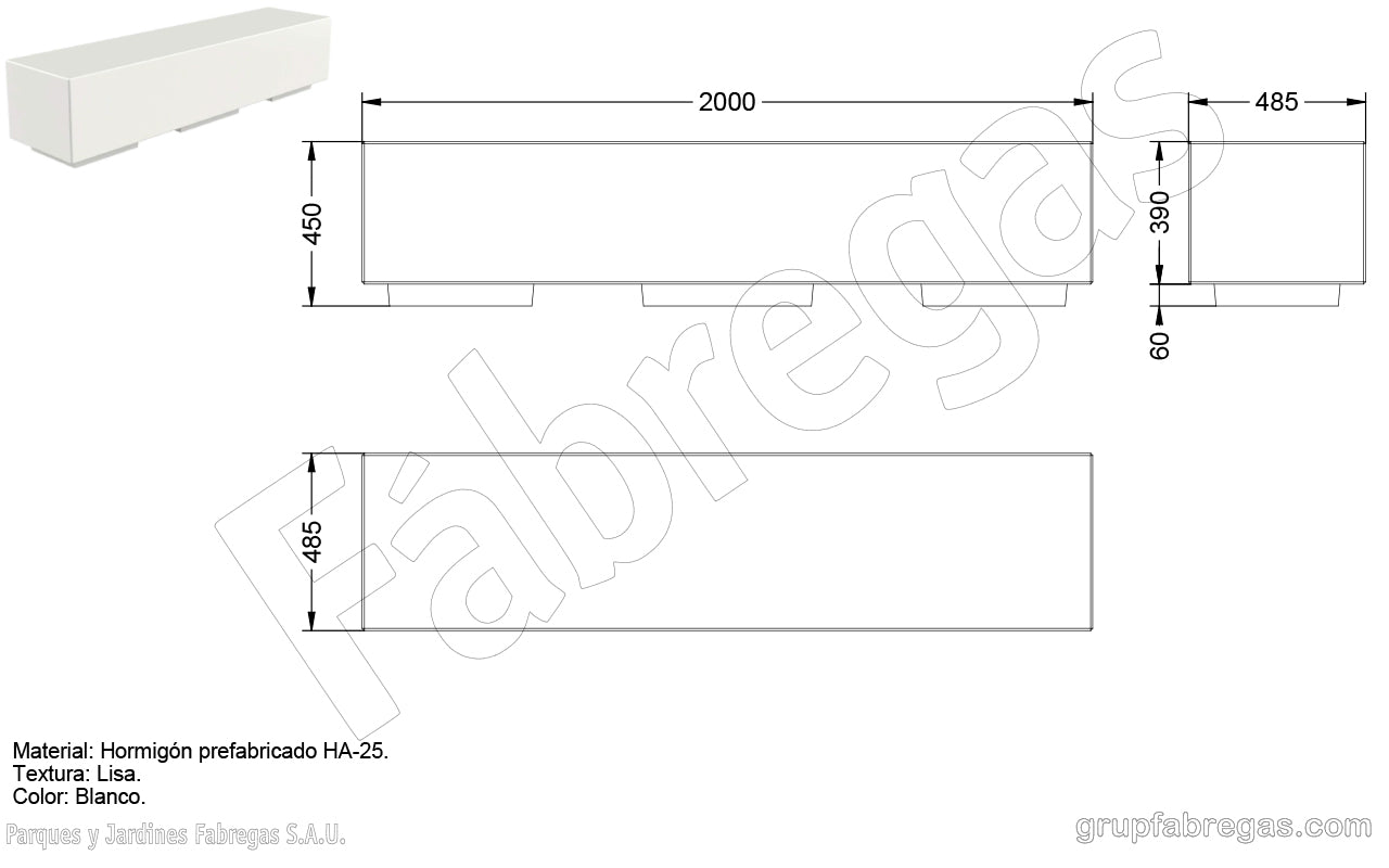Zeichnung und Maße von Betonbank Lara Standard