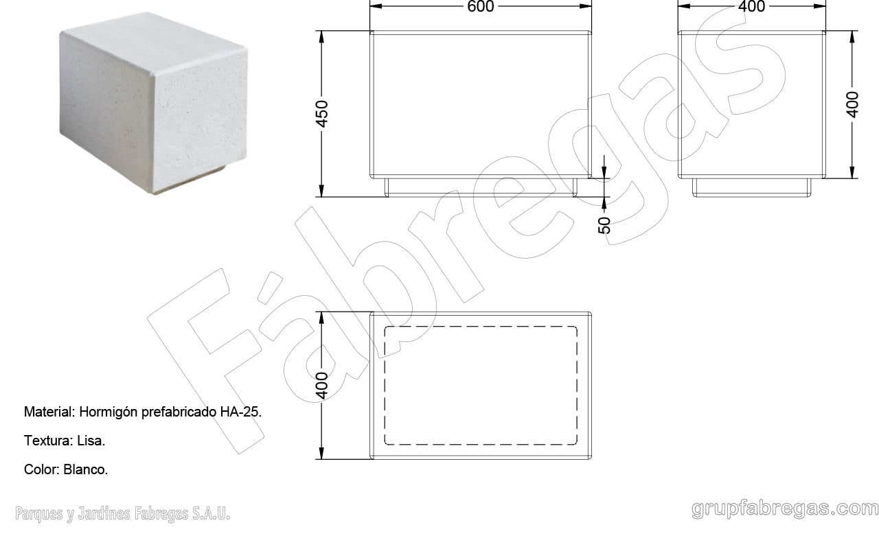 Zeichnung und Maße von Betonbank Lara Cube
