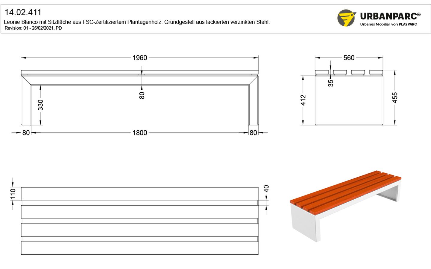 Zeichnung und Maße von der Metallbank Leonie Blanco von Urbanparc.