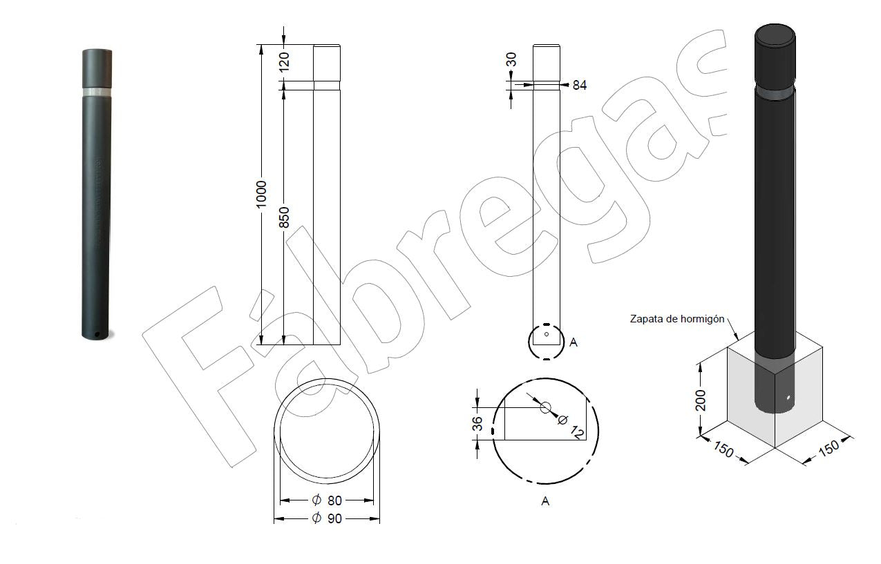 Zeichnung und Produktmaße von Poller R8