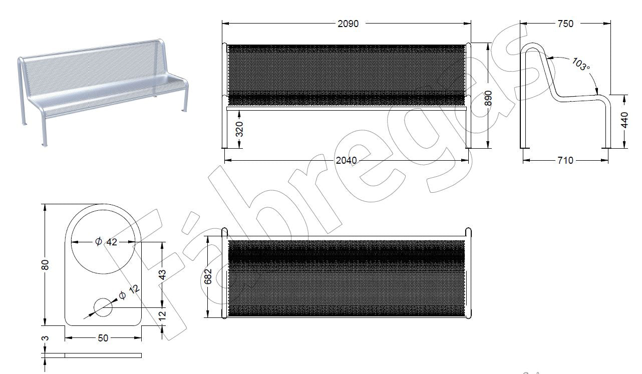 Zeichnung und Maße für Metallbank Mira