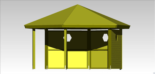 Großer Holzpavilion für den Spielplatz und den Park mit sechseckigen Fenstern und Dach