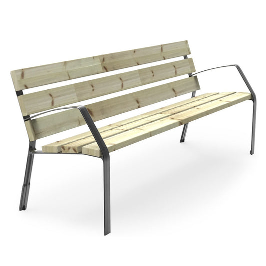 Eine helle klassische Parkbank mit Metallgestell