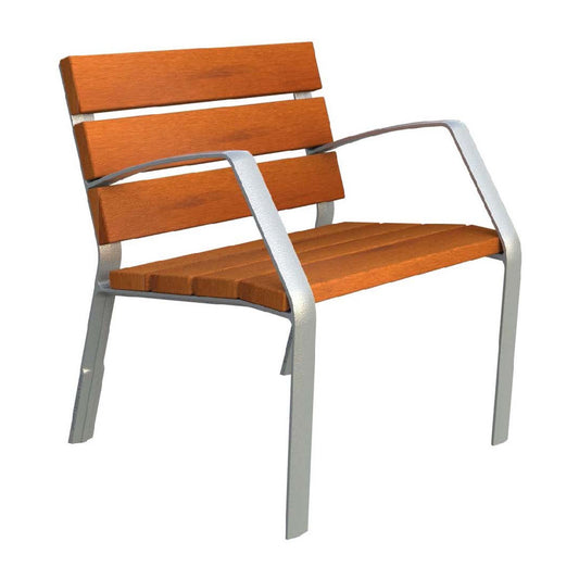 Robuster Standard Outdoorstuhl für Restaurants in braunem Holz mit silbernem Metallgestell