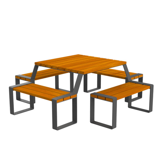 Moderne Sitzgruppe aus Holz und grauem Metall