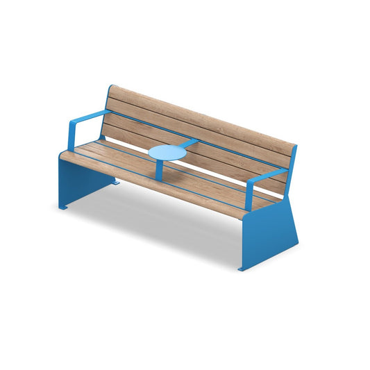 Blaue moderne Parkbank mit kleinem Tisch in der Mitte