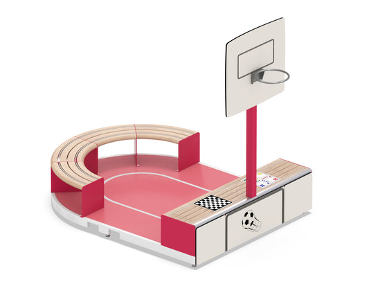 Eine Kombination von Basketballkorb, Fußballfeld, Sitzfläche und Brettspiel.