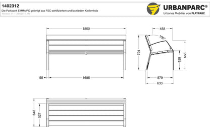 Produktzeichnung und Maße der Parkbank Emma PC