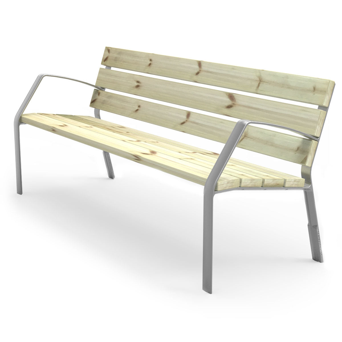 Helle Holzbank mit Lehnen und mit Metallgestell für Parks und Städte