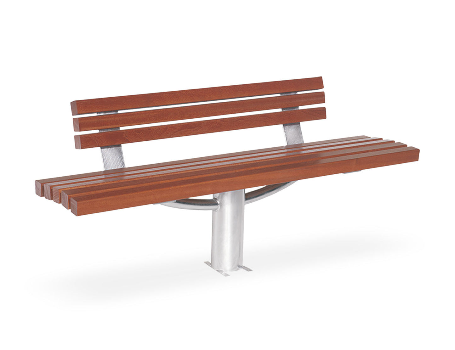 Moderne Parkbank aus Holz und stabilem Metallfuß mit Rückenlehne