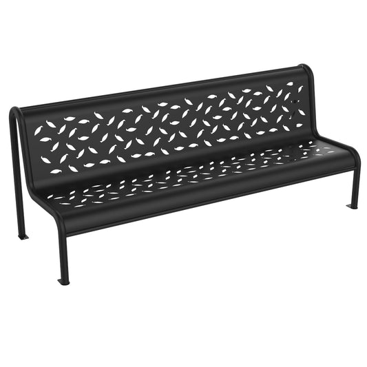 Schwarze Metallbank Stella mit Muster für Parks und Innenstädte.